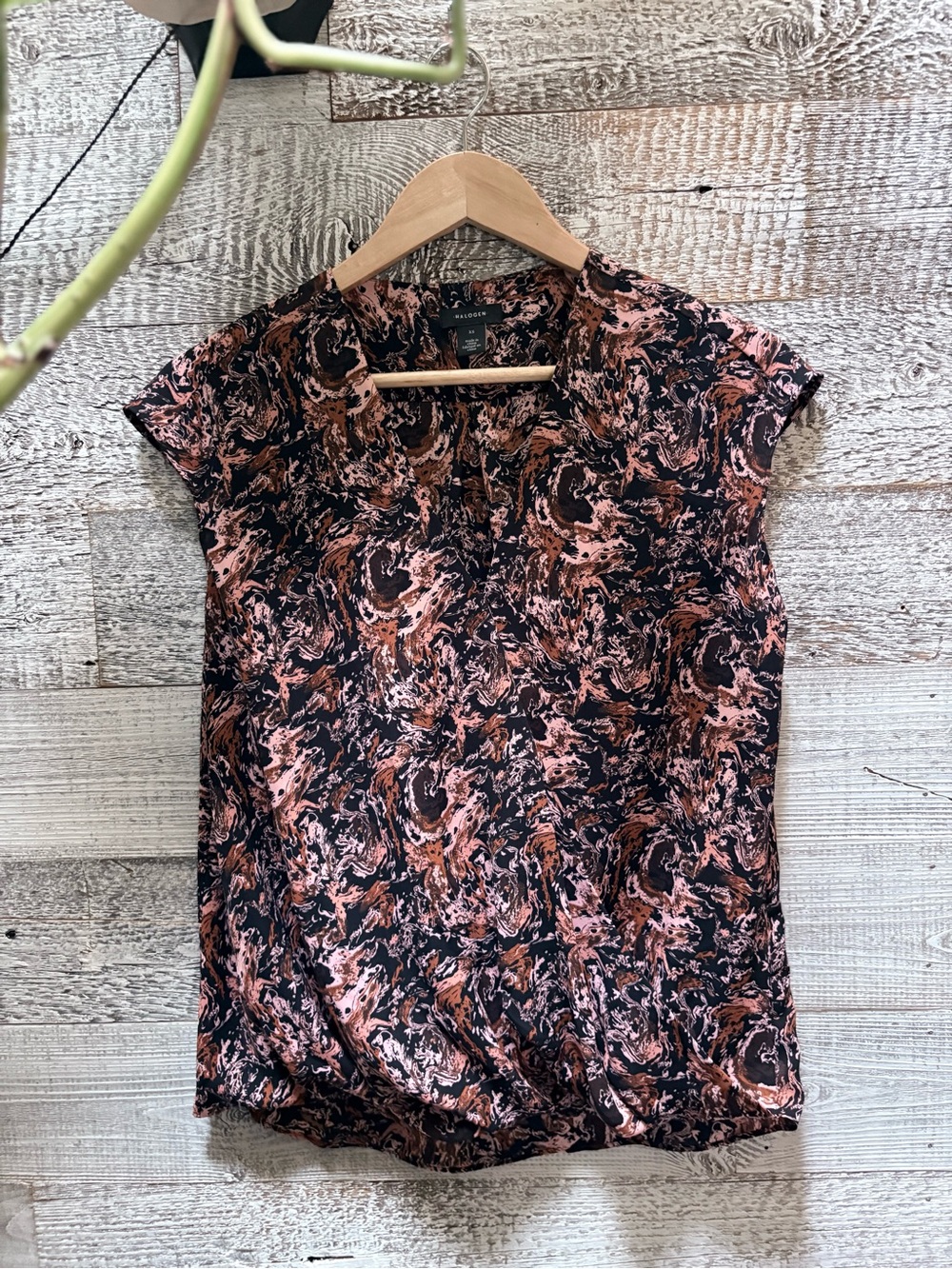 Halogen | V-Neck Surplice Faux Wrap Blouse - Women's XS, Marble Blk/Pink/Orng/Wt